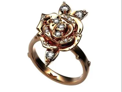 luxury flower rose ring with leaves and stones 3D print model