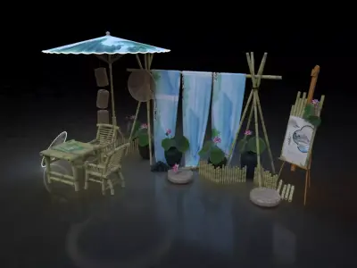 Chinese style beautiful Chen umbrella bamboo table and chair 3D model