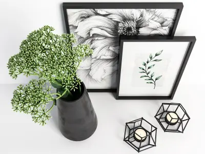 Decorative set 7 vase with plant 3D model