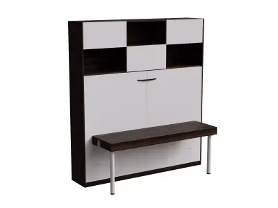 White Cabinet Brown Walnut Drawers Wall Bed Opened Low-poly 3D model