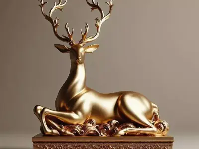 Luxury Gold Deer Statue 3D Model Intricate Antlers Base Low-poly 3D model