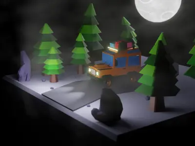 Lowpoly 3D model truck in forest 3D model
