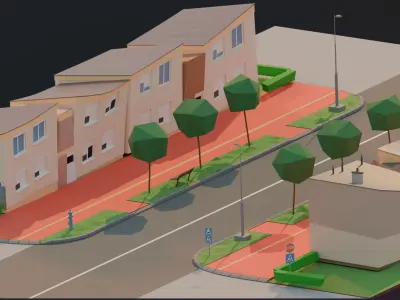 Street with stylized buildings  Free low-poly 3D model