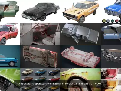 set of racing sport cars with interior in 9 color variants az9 3D Model Pack