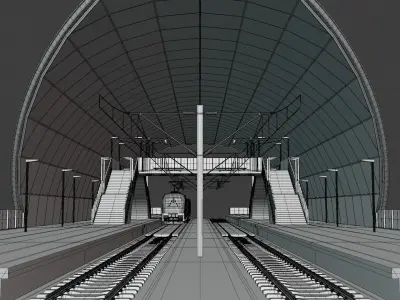 Railway station with train II 3D model