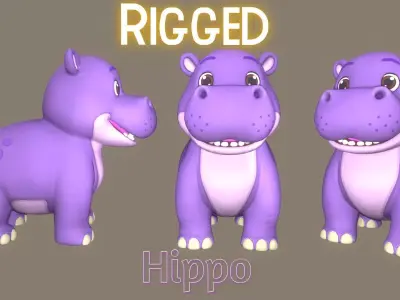 Rigged Cute Playful Violet Hippo Low-poly 3D model