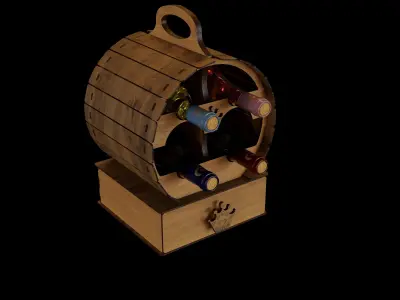 Barrel Wine Rack with Bottles and Glasses 3D model