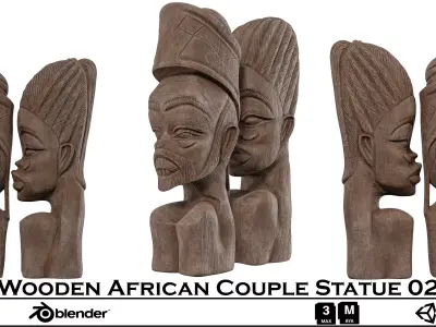 Wooden Tribal Couple Statue Set - African-Inspired Art 3D Model 3D model