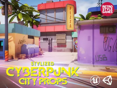 Stylized Cyberpunk City Props Low-poly 3D model