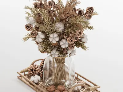 Rustic Winter Centerpiece with Pinecones and Cotton Flowers 3D model