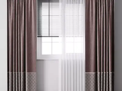 Red curtain with metal curtain rod and metal blind 09 Low-poly 3D model