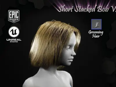 Short Stacked Bob V2 Hairstyle Groom For UE4 Low-poly 3D model