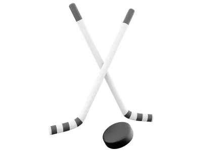 3D  illustration of crossed hockey sticks and puck 3D model
