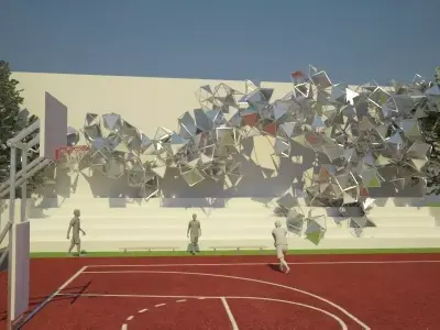 man model basketball court with metal sculptures Low-poly 3D model