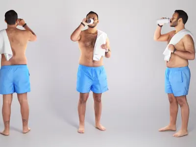 Shirtless young man with towel drinking water 304 Low-poly 3D model