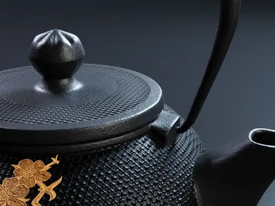 Oriental Iron Teapot - Black Green and Pink 3D model