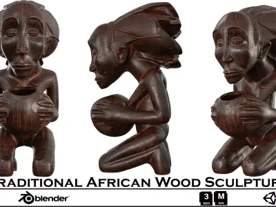 Traditional African Wood Sculpture - Carved Tribal Figure Low-poly 3D model