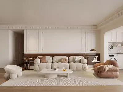 Cozy Modern French Living with Cloud Sofa and Warm Wood 3D model