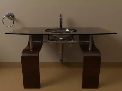Modern Glass Wash Basin with Wooden Stand 3D model
