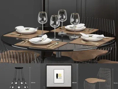 Rock Table and Sign Filo chairs set with Decoration wall 3D model