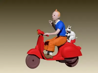 TinTin and milu on a red Vespa 3D print model
