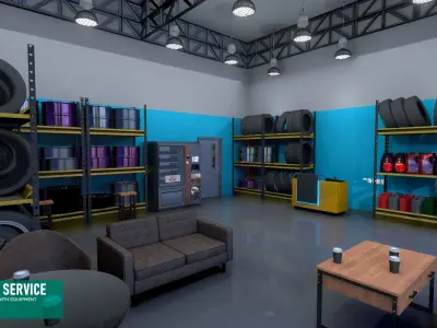 Car service - garage with equipment Low-poly 3D model