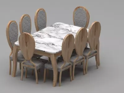 Classic Marble Dining Table Set with 8 Round-Back  Chairs 3D model