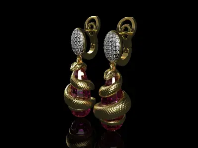 Clear Pink Sapphire Earrings With Gold Snakes 3D print model