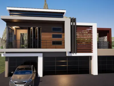 Garage modern house with car parked in front 3D model