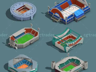 Low Poly Stadium Set Isometric Icon Low-poly 3D model