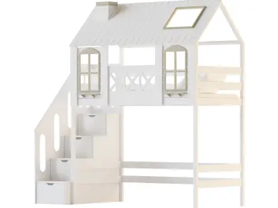 Childrens bed loft house Asnen - with ladder chest of drawers 3D model