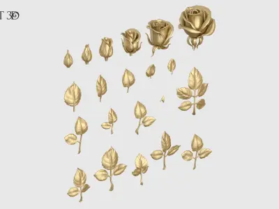 Rose Buds And Leaves Set 3D print model