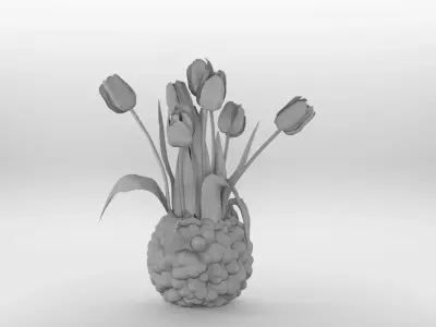 Purple tulips bouquet in a vase 3D model