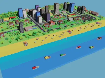 Low Poly City 3D on beach Low-poly 3D model