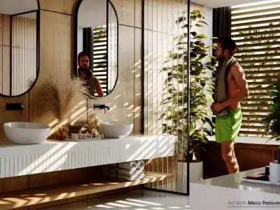 Warm Wood Bathroom Cinema 4D and Corona 3D model