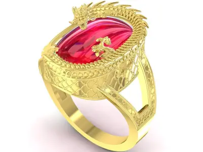 Luxury Asian Dragon Red Gemstone Mens Ring  3339 3D print model