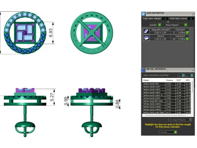 Baguette Cluster And Round Diamond Unique Stud 3D print model