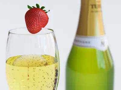 A bottle of champagne with glass next to pearls and red lipstick 3D model