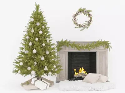 Set Christmas tree 12 wtih fireplace and garland mistletoe 2017 3D model