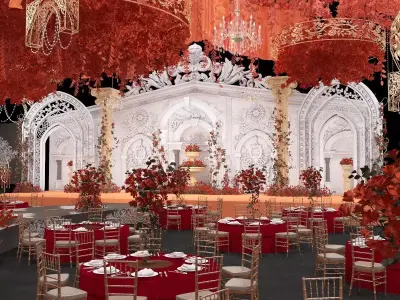 Banquet Hall with Dining Sets and Decorated Scene 3D model