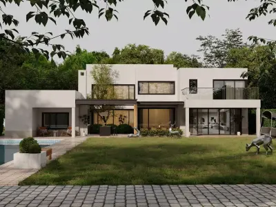 Modern Minimalist Luxury Villa with Swimming Pool  Low-poly 3D model