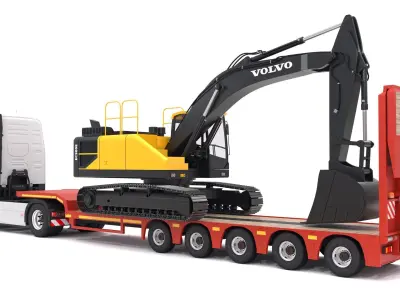 Volvo fh16 2021 and Lowboy Trailer with EC300E Excavator 3D model