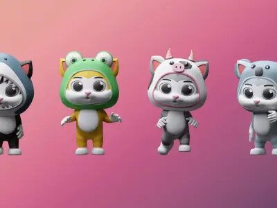 Cartoon kittens in animal costumes Low-poly 3D model