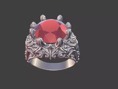 silver skull gemstone scrollwork ring 3D print model