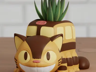 Catbus Chibi Pen Holder Planter Ghibli Fanart 2 poses 3D print model