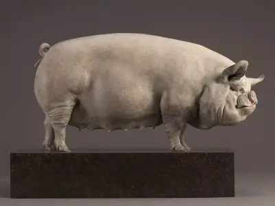Stone Pig Sculpture with Realistic Texture and Marble Base Low-poly 3D model