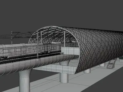 Elevated station with Hitachi HTR 412 3D model