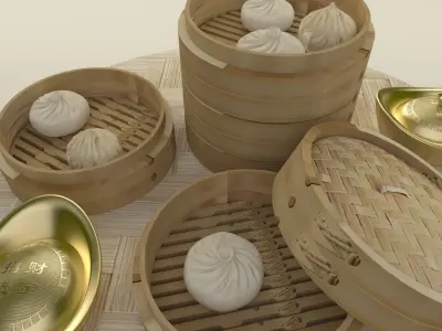 Chinese dim sum bamboo steamer 3D model