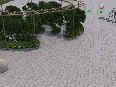 Street park with tables and chairs Low-poly 3D model