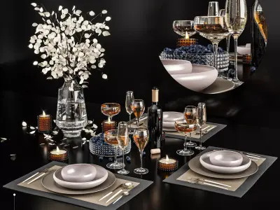 Tableware table setting with wine glasses and silverware 3D model